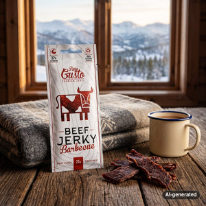 Fine Gusto Beef Jerky BBQ on a wooden table in a mountain cabin, with a wool blanket, an enamel mug and snowy mountains outside, AI-generated image
