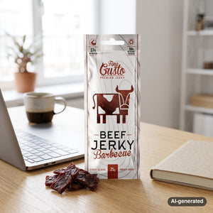 Fine Gusto Beef Jerky BBQ on a desk next to a laptop, a cup of coffee and a notebook, AI-generated image