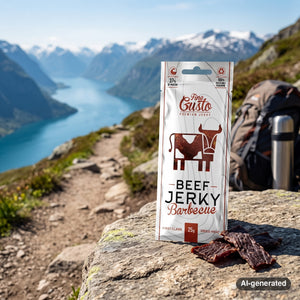 Fine Gusto Beef Jerky BBQ on a rock beside a mountain trail above a Norwegian fjord, with a backpack and thermos, AI-generated image