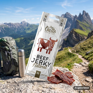 Fine Gusto Beef Jerky Natural on a rock beside a mountain trail in the Alps, with a backpack and thermos, AI-generated image