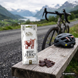 Fine Gusto Beef Jerky Natural on a bench by a gravel road, with a bike and a cycling helmet, AI-generated image