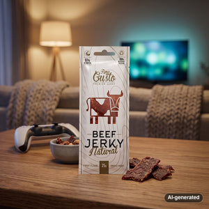 Fine Gusto Beef Jerky Natural on a coffee table in the evening, with a game controller and a small bowl, AI-generated image