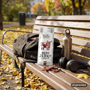 Fine Gusto Beef Jerky Natural sticking out of a backpack on a park bench in autumn, with a water bottle and headphones, AI-generated image