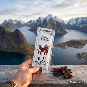 Hand holding Fine Gusto Beef Jerky Natural in front of a fjord landscape, AI-generated image