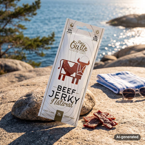 Fine Gusto Beef Jerky Natural on a smooth coastal rock by the sea, with a towel and sunglasses, AI-generated image