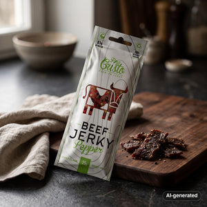 Fine Gusto Beef Jerky Pepper on a dark wooden cutting board on a kitchen counter in soft window light, AI-generated image