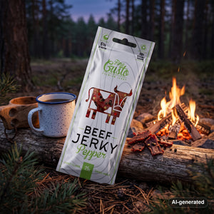 Fine Gusto Beef Jerky Pepper on a log by a campfire in a pine forest at dusk, with an enamel mug and a wooden cup, AI-generated image