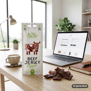 Fine Gusto Beef Jerky Pepper on a desk next to a laptop, a cup of coffee and a notebook, AI-generated image