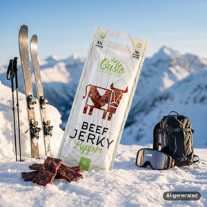Fine Gusto Beef Jerky Pepper in the snow next to touring skis and poles on a sunny winter day in the mountains, AI-generated image