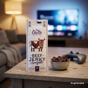 Fine Gusto Beef Jerky Teriyaki on a coffee table in the evening, with a game controller and a small bowl, AI-generated image