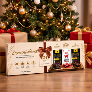 Fine Gusto Jerky Advent Calendar next to wrapped presents under the Christmas tree, AI-generated image