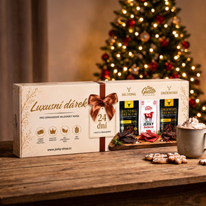 Fine Gusto Jerky Advent Calendar on a wooden table by the Christmas tree, with hot chocolate and gingerbread cookies, AI-generated image