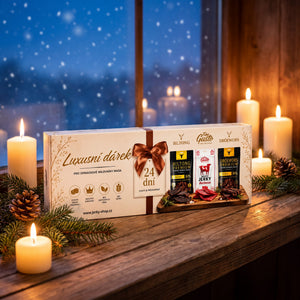 Fine Gusto Jerky Advent Calendar on a windowsill with lit candles and pine cones, snow outside, AI-generated image