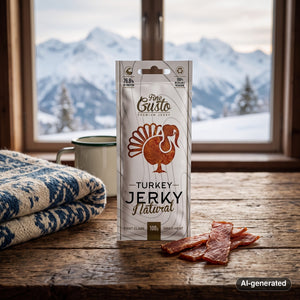 Fine Gusto Turkey Jerky Natural on a wooden table in a mountain cabin, with a wool blanket, an enamel mug and snowy mountains outside, AI-generated image