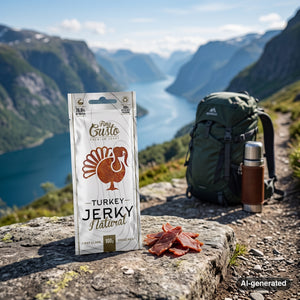 Fine Gusto Turkey Jerky Natural on a rock beside a mountain trail above a Norwegian fjord, with a backpack and thermos, AI-generated image