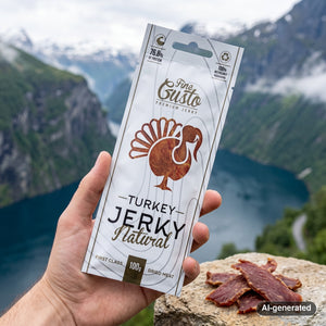 Hand holding Fine Gusto Turkey Jerky Natural in front of a fjord landscape, AI-generated image