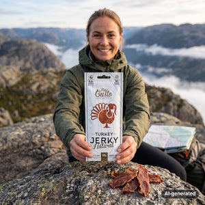 Hiker taking a break in the mountains holding Fine Gusto Turkey Jerky Natural, AI-generated image