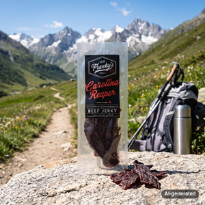 Franky's Best Beef Jerky Carolina Reaper on a rock beside a mountain trail in the Alps, with a backpack and thermos, AI-generated image
