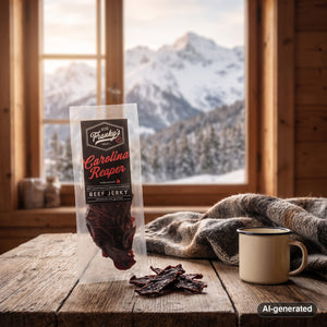 Franky's Best Beef Jerky Carolina Reaper on a wooden table in a mountain chalet, with a wool blanket, an enamel mug and snowy mountains outside, AI-generated image