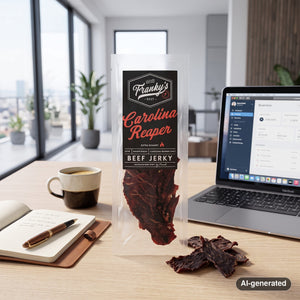 Franky's Best Beef Jerky Carolina Reaper on a desk next to a laptop, a cup of coffee and a notebook, AI-generated image