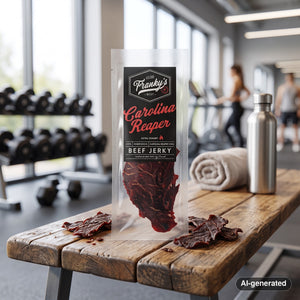 Franky's Best Beef Jerky Carolina Reaper on a gym bench, with dumbbells, a towel and a water bottle in the background, AI-generated image