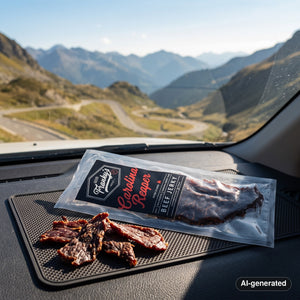 Franky's Best Beef Jerky Carolina Reaper on the dashboard of a car at a mountain pass viewpoint, AI-generated image