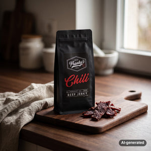 Franky's Best Beef Jerky Chili on a dark wooden cutting board on a kitchen counter in soft window light, AI-generated image
