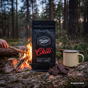 Franky's Best Beef Jerky Chili on a log by a campfire in a pine forest at dusk, with an enamel mug, AI-generated image