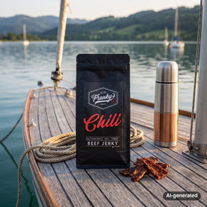 Franky's Best Beef Jerky Chili on the deck of a small sailboat on a lake in the evening sun, with a rope and thermos, AI-generated image