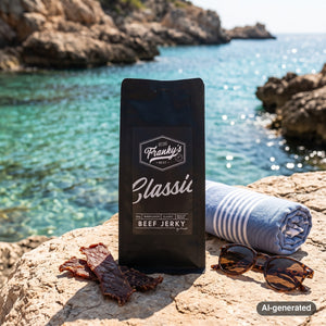 Franky's Best Beef Jerky Classic on a rock by a Mediterranean cove, with a towel and sunglasses, AI-generated image