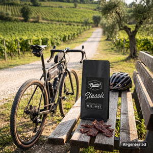 Franky's Best Beef Jerky Classic on a bench by a gravel road through vineyards, with a bike and a cycling helmet, AI-generated image