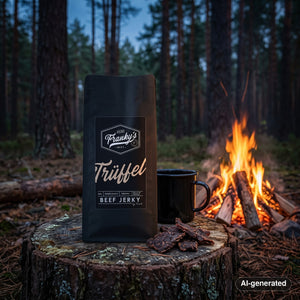 Franky's Best Beef Jerky Truffle on a log by a campfire in a pine forest at dusk, with an enamel mug, AI-generated image