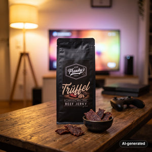 Franky's Best Beef Jerky Truffle on a coffee table in the evening, with a game controller and a small bowl, AI-generated image