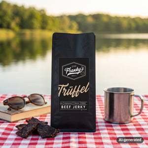 Franky's Best Beef Jerky Truffle on a checked picnic blanket by a lake on a summer day, with a steel cup and sunglasses, AI-generated image