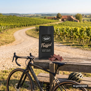 Franky's Best Beef Jerky Truffle on a bench by a gravel road through vineyards, with a bike and a cycling helmet, AI-generated image