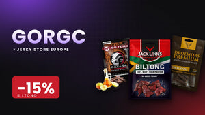 Gorgc x Jerky Store Europe collaboration banner with a minus 15 percent flash and Indiana, Jack Links and Droëwors Premium biltong packs