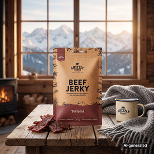 Grizzly Foods Beef Jerky Teriyaki on a wooden table in a mountain chalet, with a wool blanket, an enamel mug and snowy mountains outside, AI-generated image