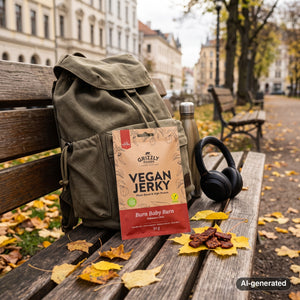 Grizzly Foods Vegan Jerky Burn Baby Burn sticking out of a backpack on a park bench in autumn, with a water bottle and headphones, AI-generated image