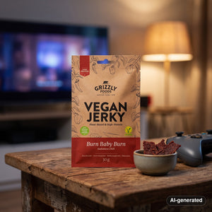 Grizzly Foods Vegan Jerky Burn Baby Burn on a coffee table in the evening, with a game controller and a small bowl, AI-generated image