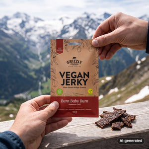 Hand holding Grizzly Foods Vegan Jerky Burn Baby Burn in front of an alpine mountain landscape, AI-generated image
