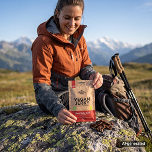 Hiker taking a break on an alpine meadow holding Grizzly Foods Vegan Jerky Burn Baby Burn, AI-generated image