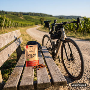 Grizzly Foods Vegan Jerky Burn Baby Burn on a bench by a gravel road through vineyards, with a bike and a cycling helmet, AI-generated image