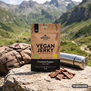 Grizzly Foods Vegan Jerky Cracked Pepper on a rock beside a mountain trail in the Alps, with a backpack and thermos, AI-generated image