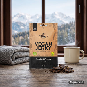 Grizzly Foods Vegan Jerky Cracked Pepper on a wooden table in a mountain chalet, with a wool blanket, an enamel mug and snowy mountains outside, AI-generated image