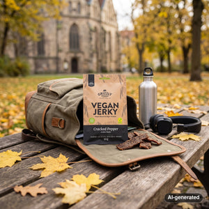Grizzly Foods Vegan Jerky Cracked Pepper sticking out of a backpack on a park bench in autumn, with a water bottle and headphones, AI-generated image
