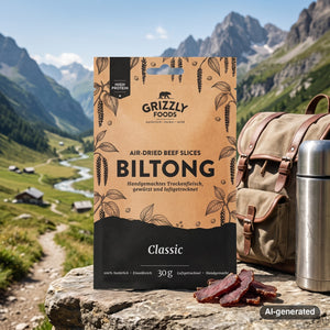 Grizzly Foods Biltong Classic on a rock beside a mountain trail in the Alps, with a backpack and thermos, AI-generated image
