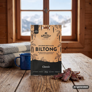 Grizzly Foods Biltong Classic on a wooden table in a mountain chalet, with a wool blanket, an enamel mug and snowy mountains outside, AI-generated image