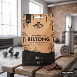 Grizzly Foods Biltong Classic on a gym bench, with dumbbells, a towel and a water bottle in the background, AI-generated image