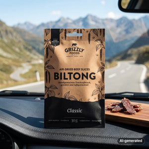Grizzly Foods Biltong Classic on the dashboard of a car at a mountain pass viewpoint, AI-generated image