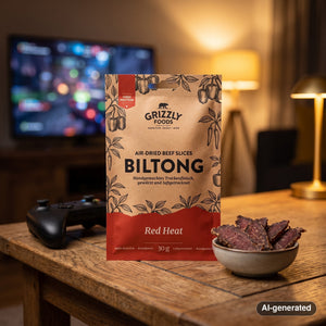 Grizzly Foods Biltong Red Heat on a coffee table in the evening, with a game controller and a small bowl, AI-generated image